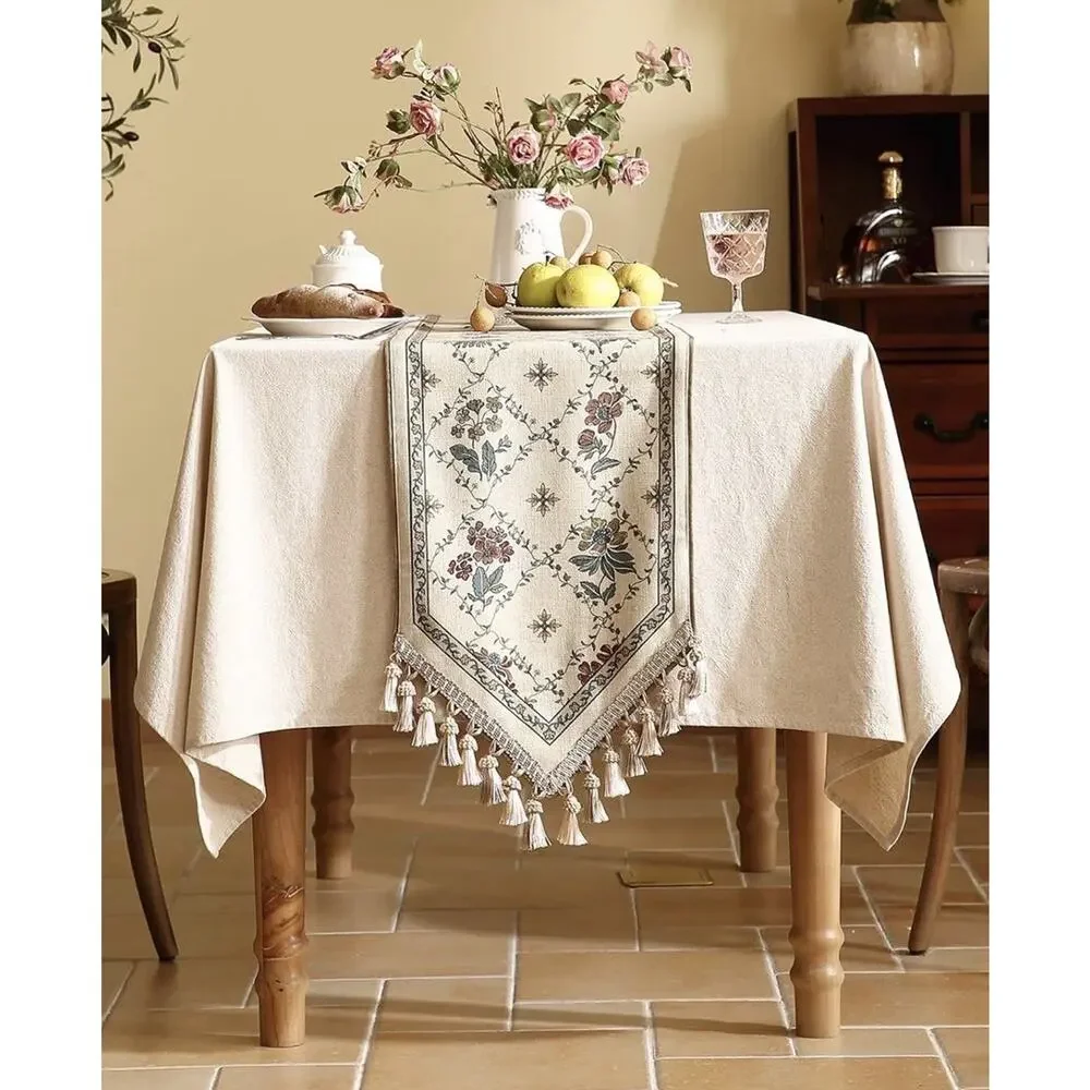 patdrea Designer Vintage Floral Linen Table Runner 87 Inch Long, Beige
